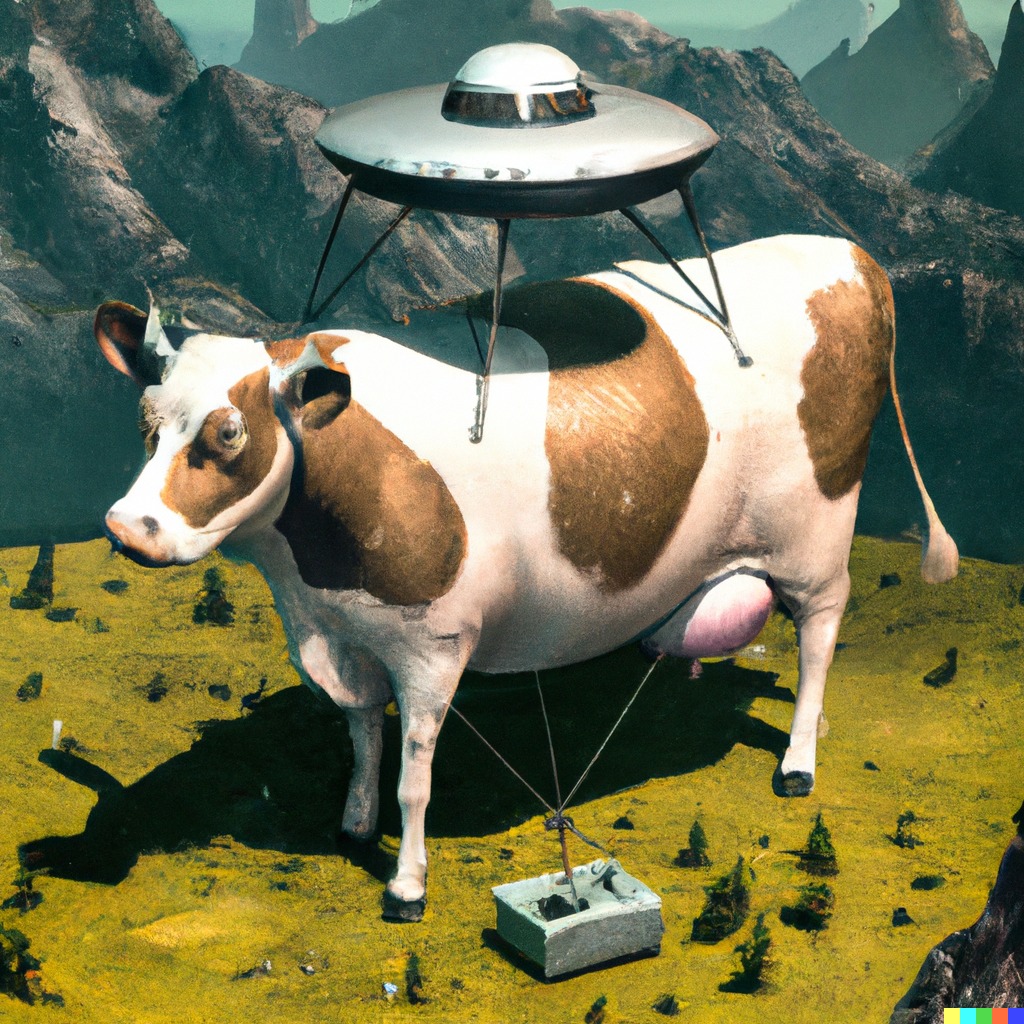 A UFO Above the Oversize Cow, Created by an AI Software