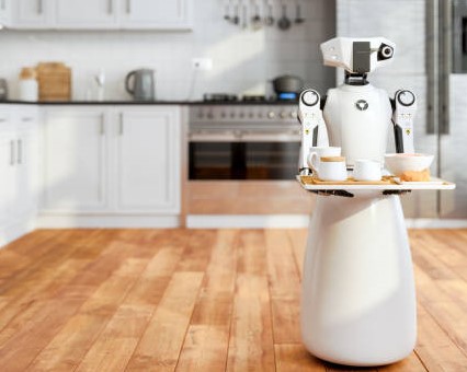 A Robot Maid Holding A Tray with food to be Deliver to Customer Concept of AI and Automation.