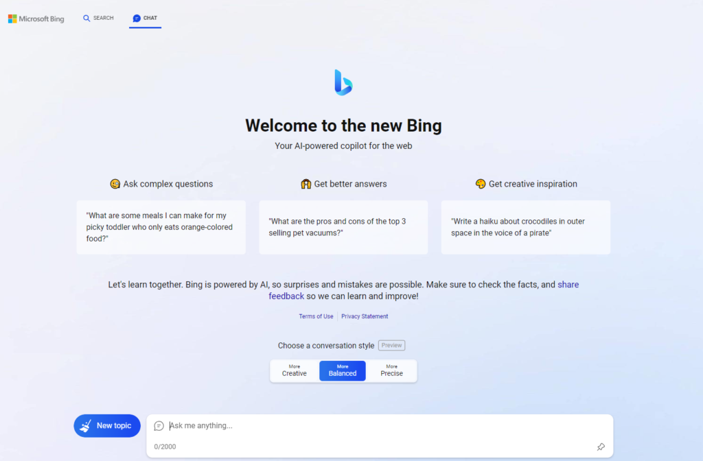 Bing AI Chat User Interface