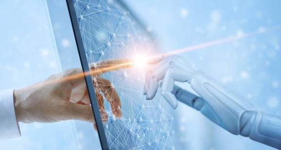 AI and Human hands touching as concept of virtual connection