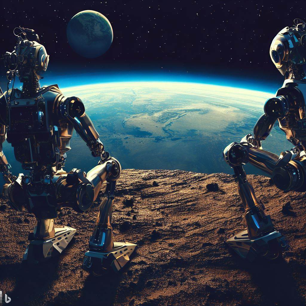 AI Robot Looking over Earth from Outer Space
