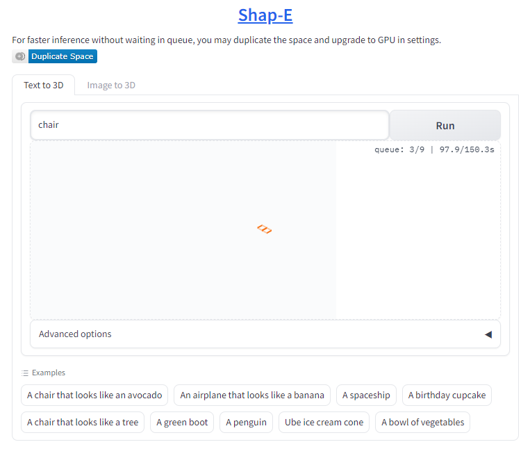 Shap-E Prompt area for Text to 3D and Image to 3D