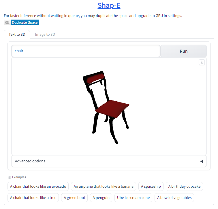 Shap-E Text to 3D sample Prompt of a Chair
