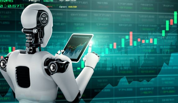 An AI Robot doing a Market Trade Concept