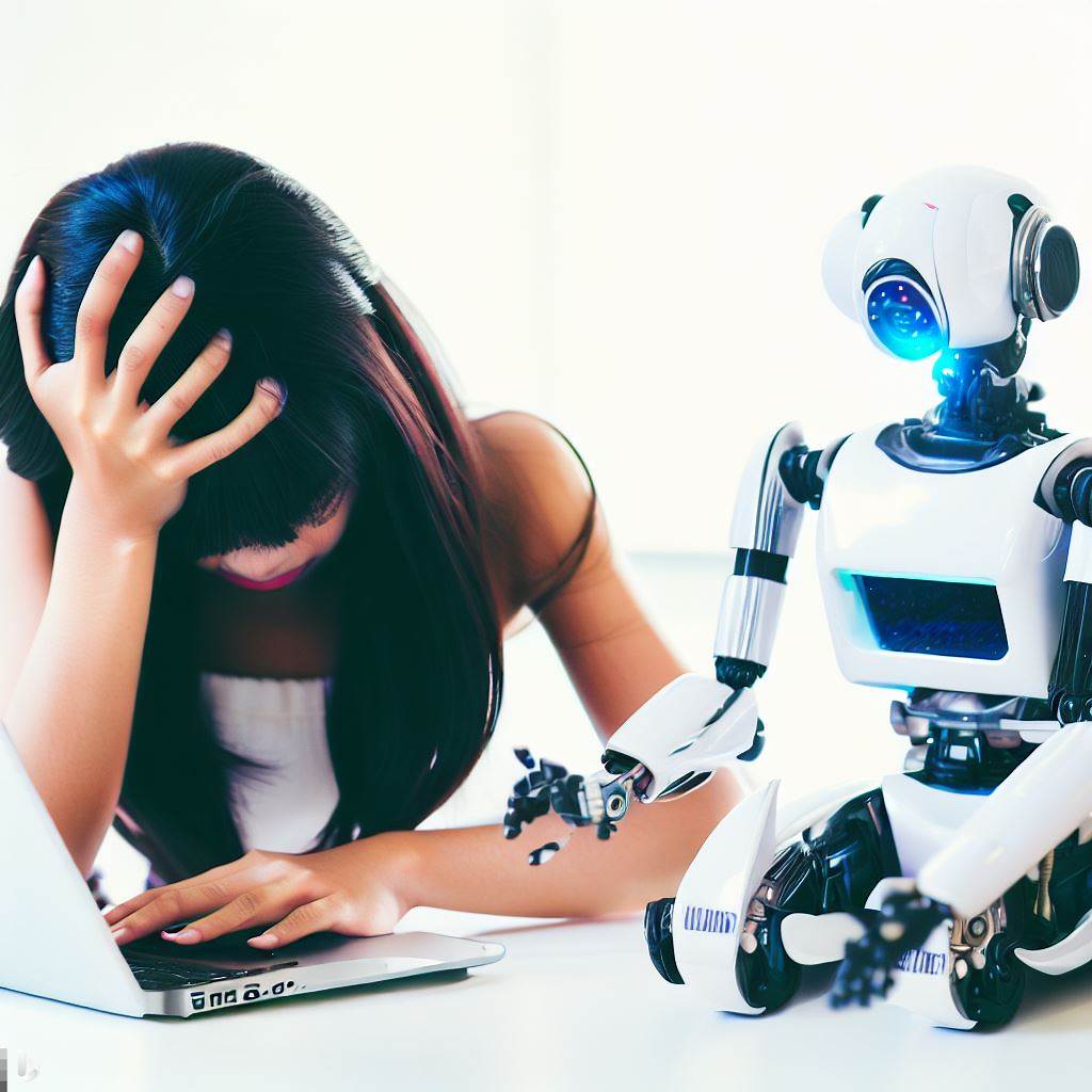 A Woman is Burnout on work using AI Technology Concept