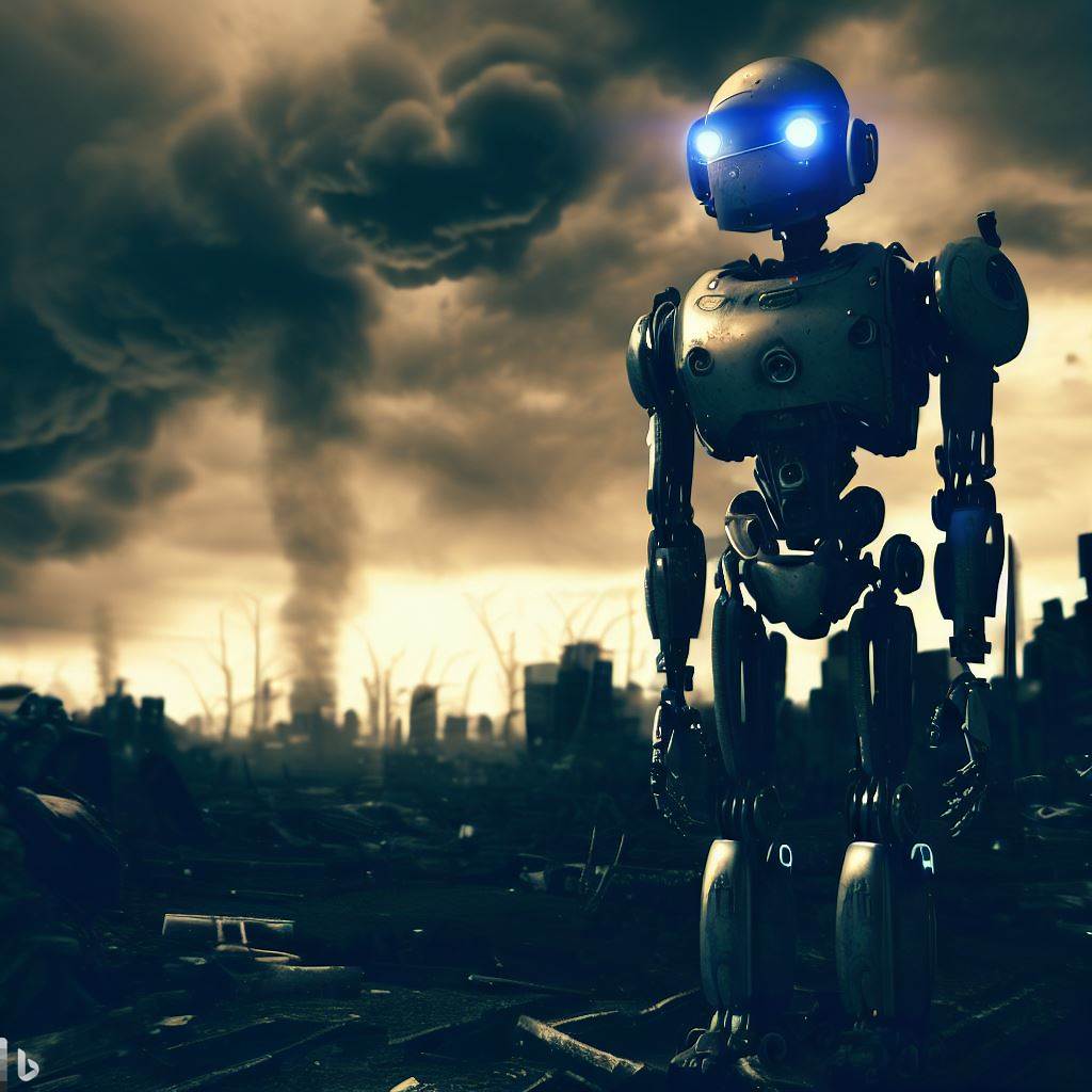 A Concept of an AI Robot takeover the world in an Apocalyptic scene