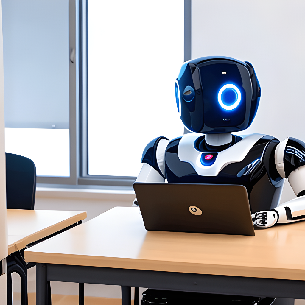 An AI Robot is using Laptop, Concept of Education with AI