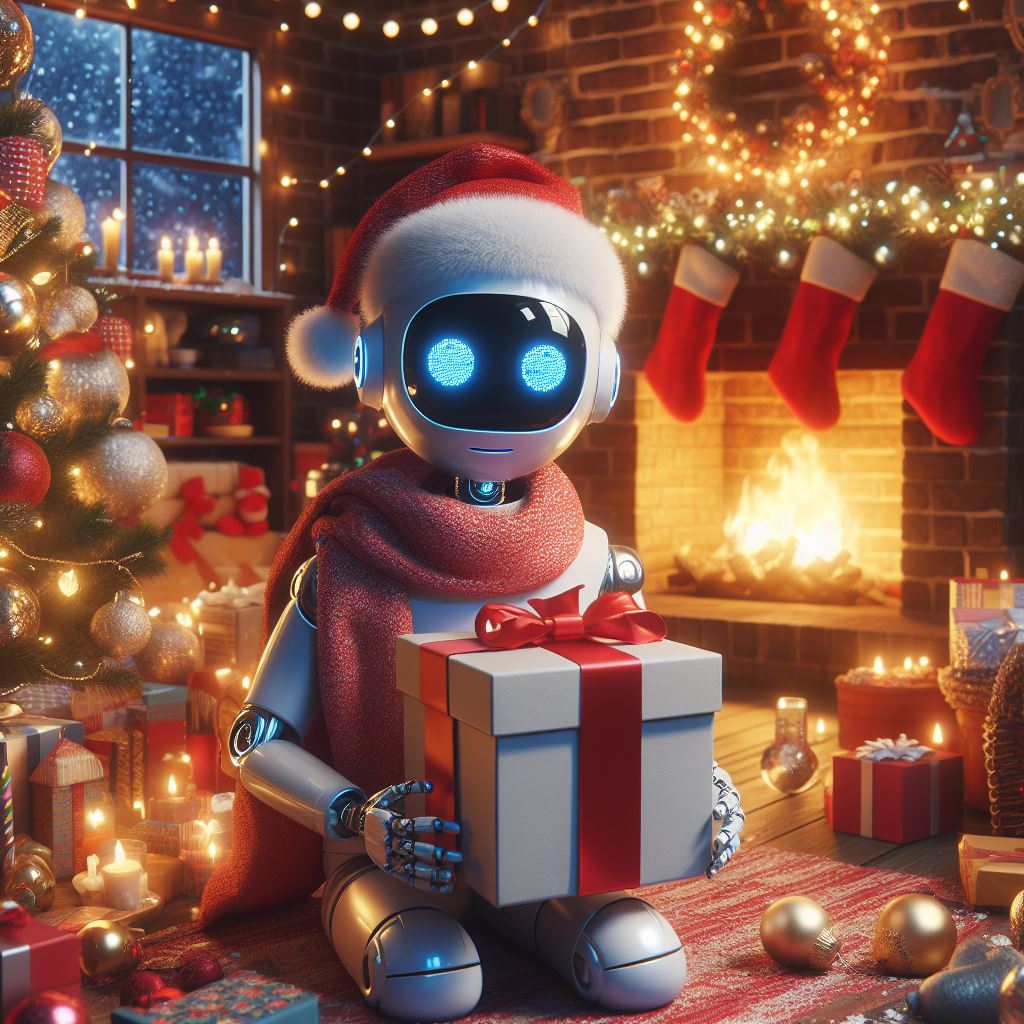 An AI Robot Holding a Christmas Present